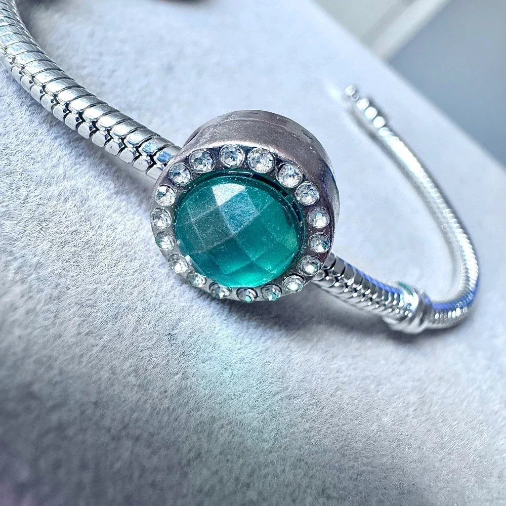 Teal‎ Crystal Halo Round Slide Charm Bracelet Silver Tone Sparkle fits PANDORA